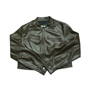 Brown Faux Leather Button Collar Jacket